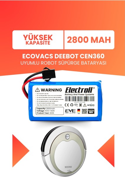 Ecovacs Deebot CEN360 Uyumlu Batarya (Yüksek Kapasite) 2800MAH Pil Robot Süpürge Bataryası
