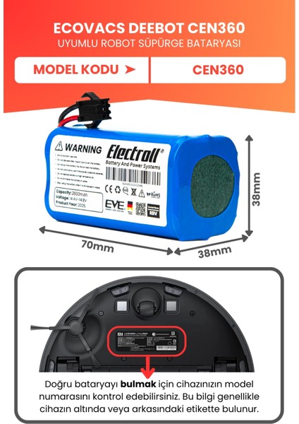 Ecovacs Deebot CEN360 Uyumlu Batarya (Yüksek Kapasite) 2800MAH Pil Robot Süpürge Bataryası