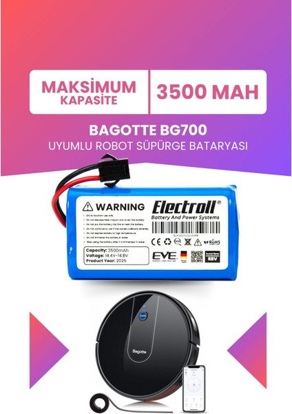 Bagotte BG700 Uyumlu Batarya (Maksimum Kapasite) 3500MAH Pil Akıllı Robot Süpürge Bataryası