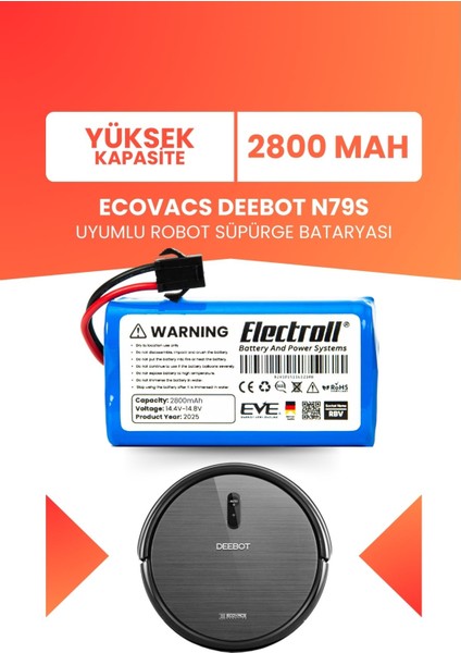 Ecovacs Deebot N79S Uyumlu Batarya (Yüksek Kapasite) 2800MAH Pil Robot Süpürge Bataryası