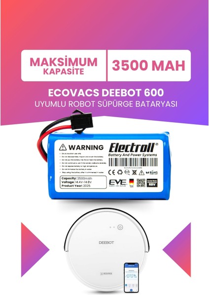 Ecovacs Deebot 600 Uyumlu Batarya (Maksimum Kapasite) 3500MAH Pil Robot Süpürge Bataryası