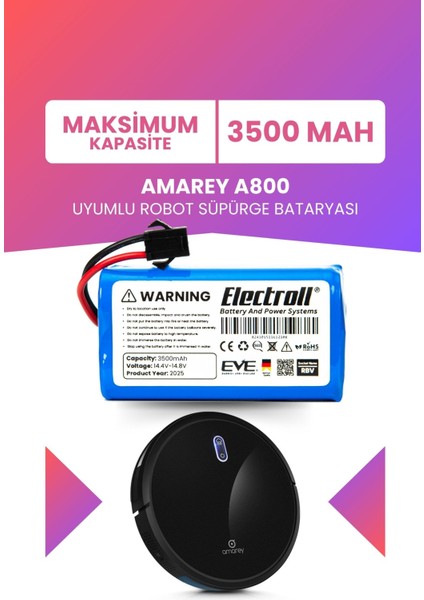 Amarey A800 Uyumlu Batarya (Maksimum Kapasite) 3500MAH Pil Akıllı Robot Süpürge Bataryası