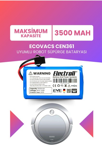 Ecovacs CEN361 Uyumlu Batarya (Maksimum Kapasite) 3500MAH Pil Robot Süpürge Bataryası