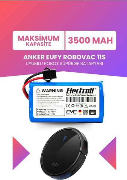 Eufy Robovac 11S Uyumlu Batarya (Maksimum Kapasite) 3500MAH Robot Süpürge Bataryası Değişim