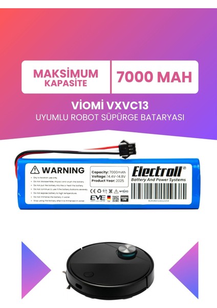 Viomi VXVC13 Uyumlu Batarya (Maksimum Kapasite) 7000MAH Pil Robot Süpürge Bataryası Değişimi