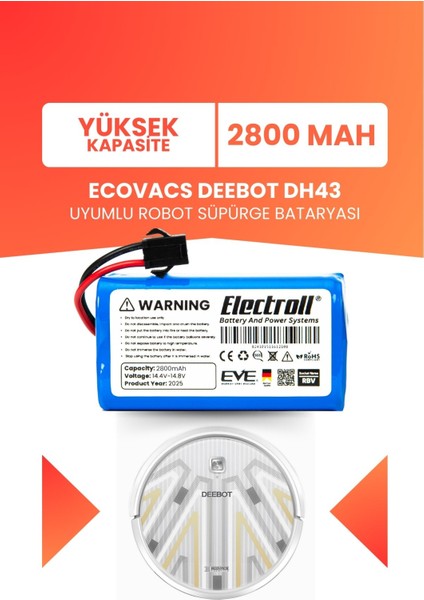 Ecovacs Deebot DH43 Uyumlu Batarya (Yüksek Kapasite) 2800MAH Pil Robot Süpürge Bataryası