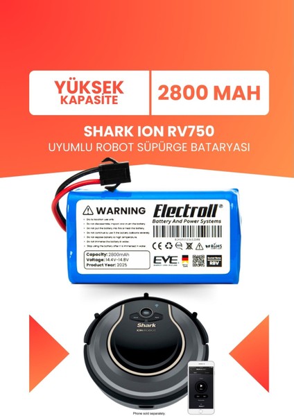 Shark Ion RV750 Uyumlu Batarya (Yüksek Kapasite) 2800MAH Pil Robot Süpürge Bataryası