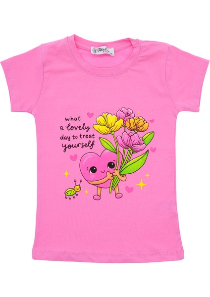 Kız Çocuk T-Shirt Kalp Çiçek Baskılı