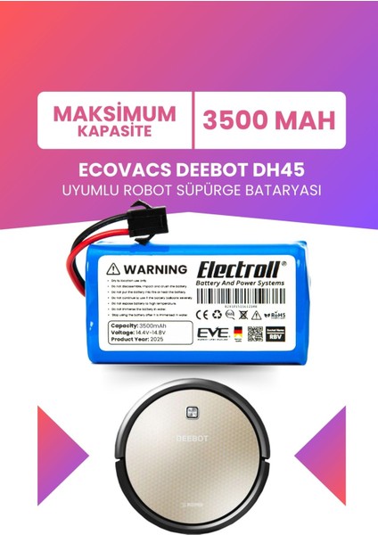 Ecovacs Deebot DH45 Uyumlu Batarya (Maksimum Kapasite) 3500MAH Pil Robot Süpürge Bataryası