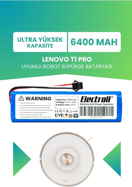 Lenovo T1 Pro Uyumlu Batarya (Ultra Yüksek Kapasite) 6400MAH Pil Robot Süpürge Bataryası Değişimi