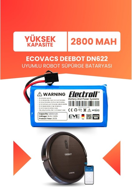 Ecovacs Deebot DN622 Uyumlu Batarya (Yüksek Kapasite) 2800MAH Pil Robot Süpürge Bataryası