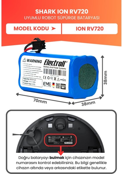 Shark Ion RV720 Uyumlu Batarya (Yüksek Kapasite) 2800MAH Pil Robot Süpürge Bataryası fiyatları