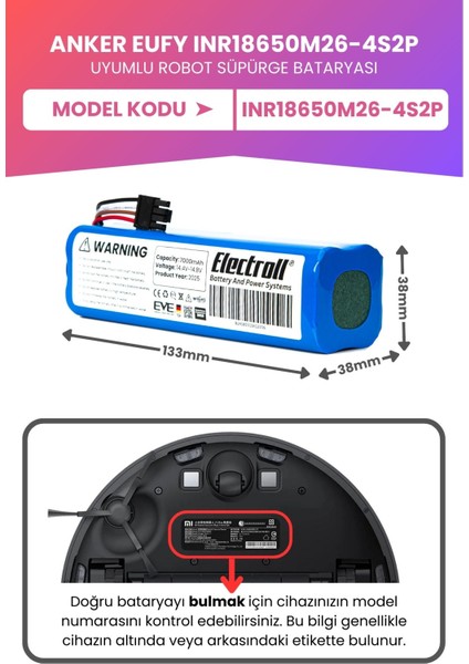 Anker Eufy INR18650M26-4S2P Uyumlu Batarya (Maksimum Kapasite) 7000MAH Pil Robot Süpürge Bataryası fiyatları