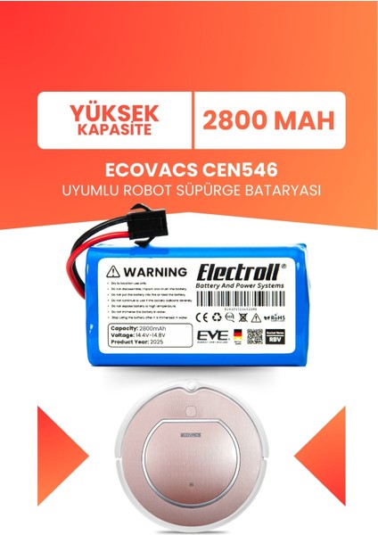 Ecovacs CEN546 Uyumlu Batarya (Yüksek Kapasite) 2800MAH Pil Robot Süpürge Bataryası