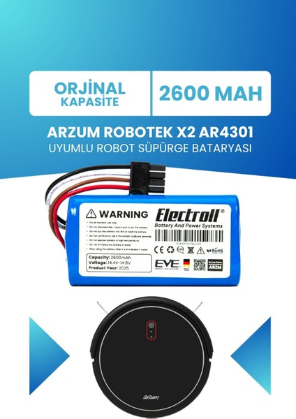 Arzum Robotek X2 AR4301 Uyumlu Batarya (Orjinal Kapasite) 2600MAH Pil Akıllı Robot Süpürge Bataryası
