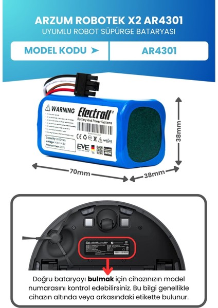 Arzum Robotek X2 AR4301 Uyumlu Batarya (Orjinal Kapasite) 2600MAH Pil Akıllı Robot Süpürge Bataryası fiyatları