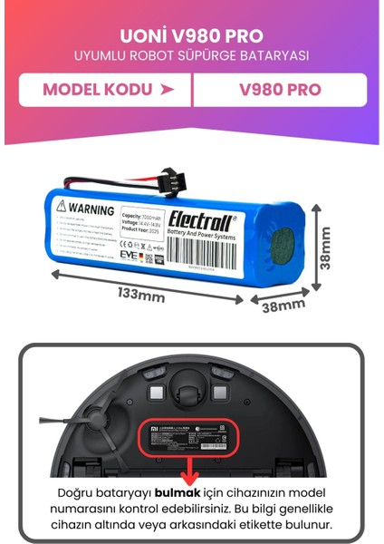 Uoni V980 Pro Uyumlu Batarya (Maksimum Kapasite) 7000MAH Pil Robot Süpürge Bataryası Değişimi fiyatları