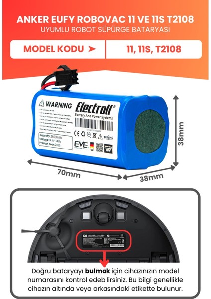 Eufy Robovac 11 ve 11S T2108 Uyumlu Batarya (Yüksek Kapasite) 2800MAH Robot Süpürge Bataryası fiyatları