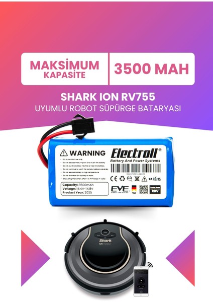 Shark Ion RV755 Uyumlu Batarya (Maksimum Kapasite) 3500MAH Pil Robot Süpürge Bataryası