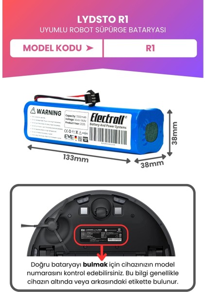 Lydsto R1 Vacuum Uyumlu Batarya (Maksimum Kapasite) 7000MAH Pil Robot Süpürge Bataryası Değişim fiyatları