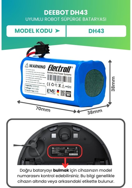 Deebot DH43 Uyumlu Batarya (Ultra Yüksek Kapasite) 3200MAH Pil Akıllı Robot Süpürge Bataryası