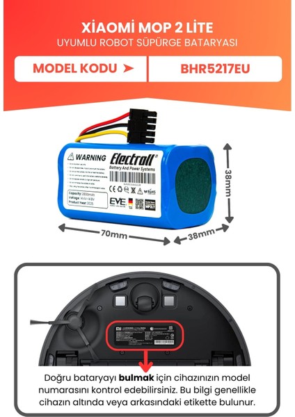 Xiaomi Mop 2 Lite Uyumlu Batarya (Yüksek Kapasite) 2800MAH Pil Robot Süpürge Bataryası BHR5217EU fiyatları