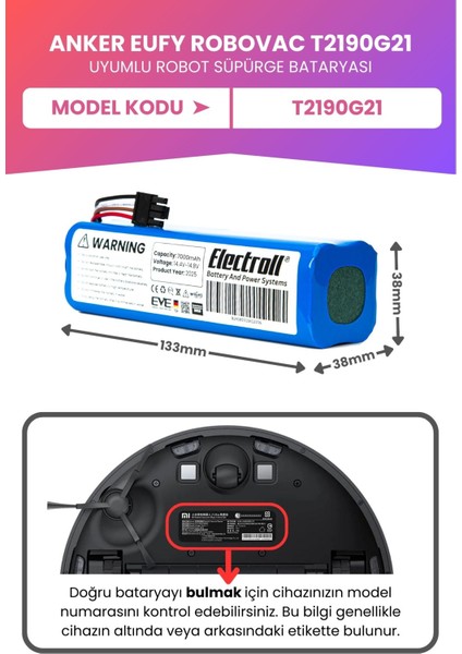 Anker Eufy Robovac T2190G21 Uyumlu Batarya (Maksimum Kapasite) 7000MAH Pil Robot Süpürge Bataryası fiyatları