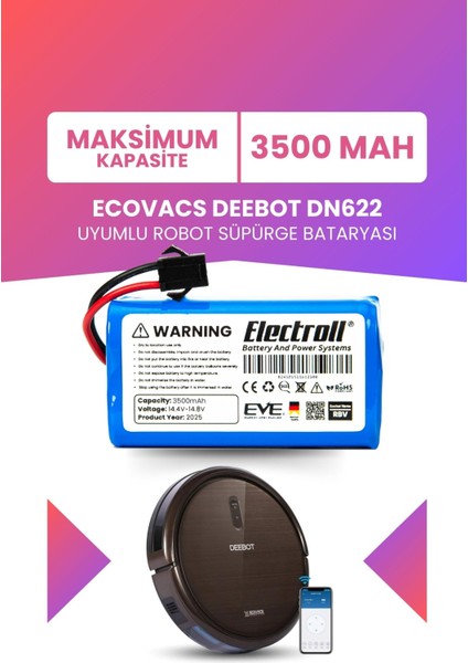 Ecovacs Deebot DN622 Uyumlu Batarya (Maksimum Kapasite) 3500MAH Pil Robot Süpürge Bataryası