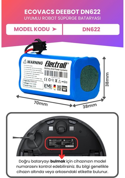 Ecovacs Deebot DN622 Uyumlu Batarya (Maksimum Kapasite) 3500MAH Pil Robot Süpürge Bataryası fiyatları