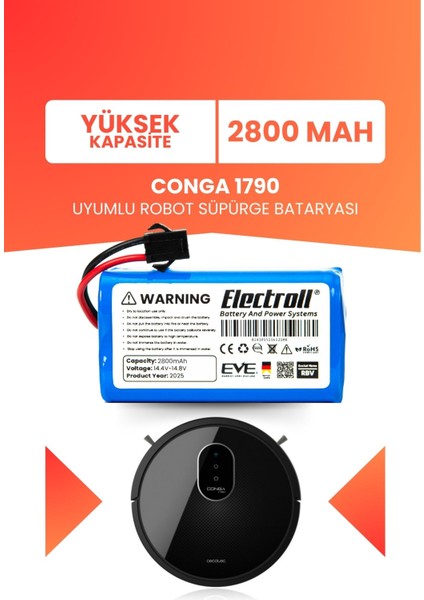 Conga 1790 Uyumlu Batarya (Yüksek Kapasite) 2800MAH Pil Akıllı Robot Süpürge Bataryası