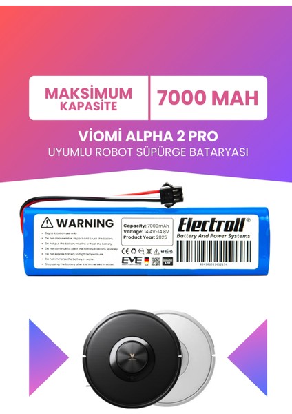 Viomi Alpha 2 Pro Uyumlu Batarya (Maksimum Kapasite) 7000MAH Pil Robot Süpürge Bataryası Değişimi