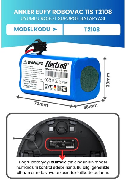 Eufy Robovac 11S T2108 Uyumlu Batarya (Orjinal Kapasite) 2600MAH Pil Robot Süpürge Batarya fiyatları