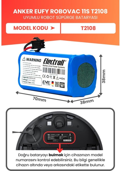 Eufy Robovac 11S T2108 Uyumlu Batarya (Yüksek Kapasite) 2800MAH Pil Robot Süpürge Batarya fiyatları