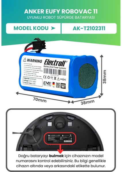 Eufy Robovac 11 Uyumlu Batarya (Ultra Yüksek Kapasite) 3200MAH Robot Süpürge ‎AK-T2102311 fiyatları