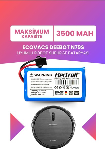 Ecovacs Deebot N79S Uyumlu Batarya (Maksimum Kapasite) 3500MAH Pil Robot Süpürge Bataryası