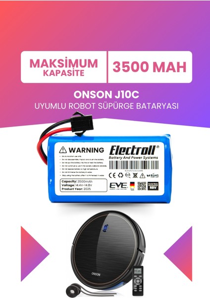 Onson J10C Uyumlu Batarya (Maksimum Kapasite) 3500MAH Pil Robot Süpürge Bataryası