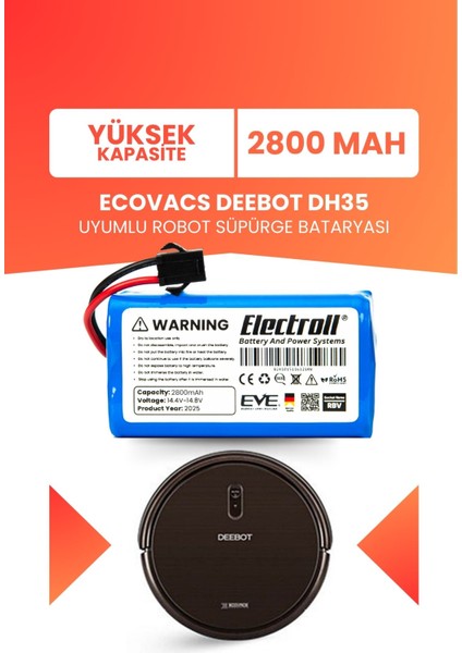 Ecovacs Deebot DH35 Uyumlu Batarya (Yüksek Kapasite) 2800MAH Pil Robot Süpürge Bataryası