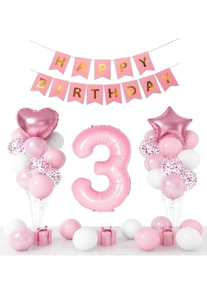 3 Yaş Pembe Doğum Günü Kutlama Seti Parti Eğlence