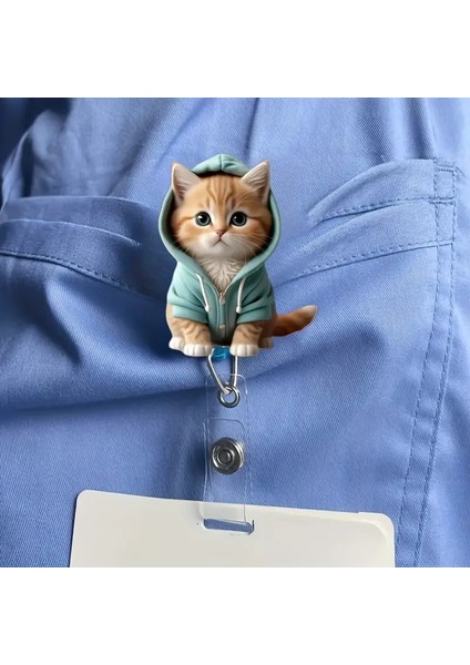 Şapkalı Kedi 360° Dönebilen Plastik Yoyolu Yaka Kart Tutucu