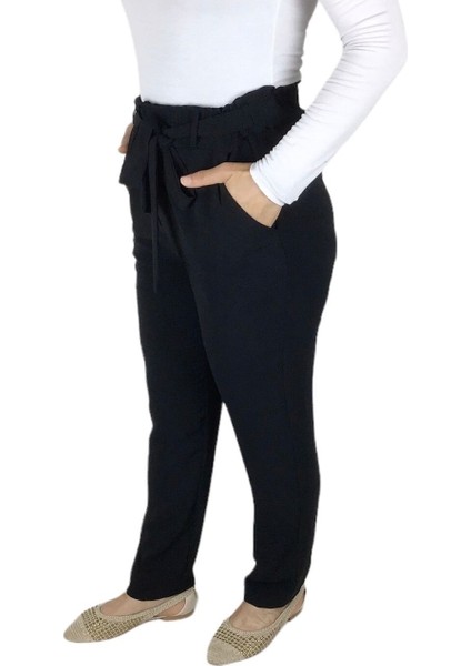 Kadın Beli Lastikli Kuşaklı Cepli Dar Paça Ayrobin Pantolon