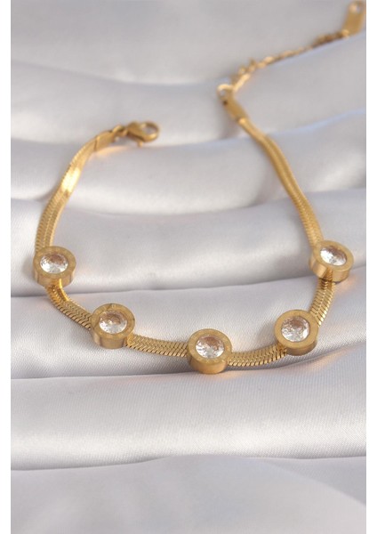 Çelik Gold Renk Zirkon Taşlı Italyan Zincir Model Kadın Bileklik