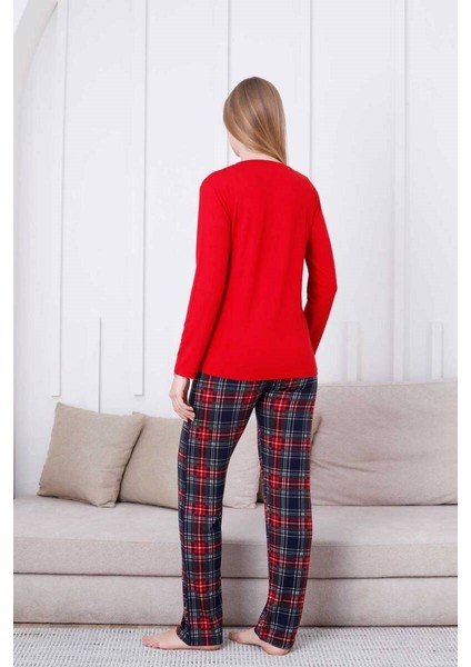 Kadın Kırmızı Ekose Desen Bisiklet Yaka 3 Düğmeli Viskon Uzun Kol Mevsimlik Cepli Pijama Takımı fırsatları