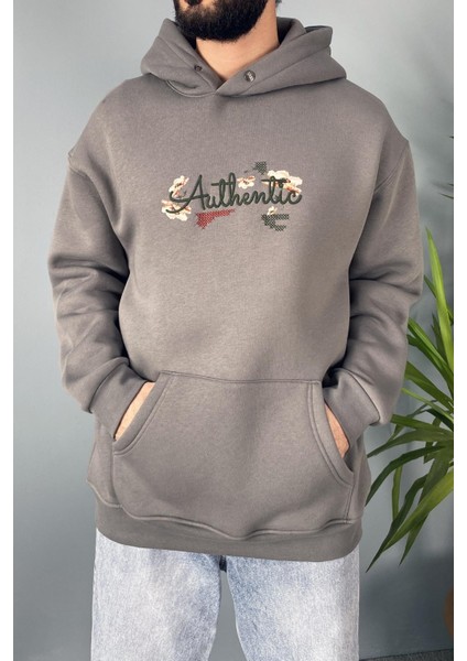 Authentic Baskılı Oversize Cepli Kapüşonlu Sweatshirt modelleri