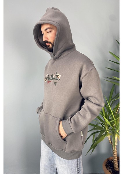 Authentic Baskılı Oversize Cepli Kapüşonlu Sweatshirt indirimleri