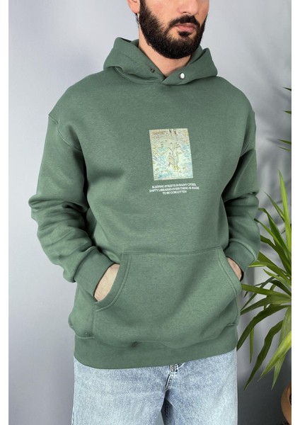 Van Gogh Oversize Cepli Yeşil Kapüşonlu Sweatshirt