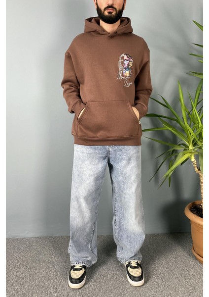 Mona Lisa Baskılı Oversize Cepli Kapüşonlu Sweatshirt modelleri
