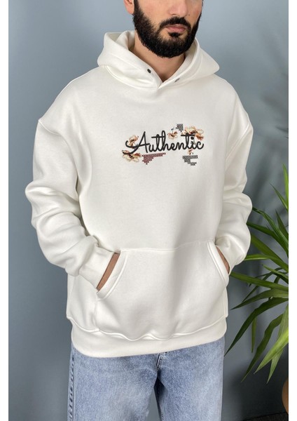 Authentic Baskılı Oversize Cepli Kapüşonlu Sweatshirt