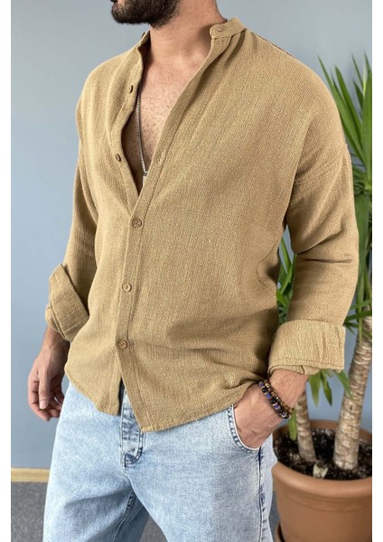 Dar Kesim Hakim Yaka Slim Fit Vizon Renk Gömlek
