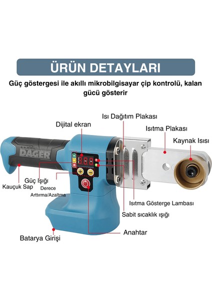 21 V 3 Ah Çift Akülü Su Tesisatı Plastik Pvc Boru Kaynak Makinesi Isı Kademe Ayarlı Çantalı 15 Pilli modelleri
