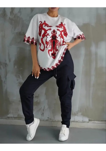 Bisiklet Yaka Baskılı Oversize T-Shirt - Beyaz fiyatları